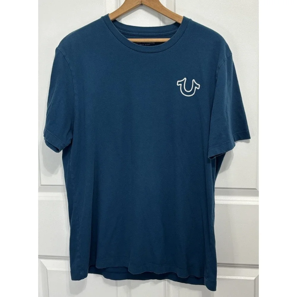 True Religion Buddha Guitar Graphic T Shirt Blue Teal Logo Tee Men's XL 0738